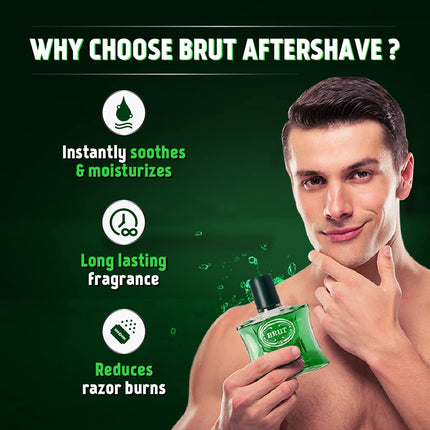 Man holding a bottle of Brut aftershave with product features listed on a green background