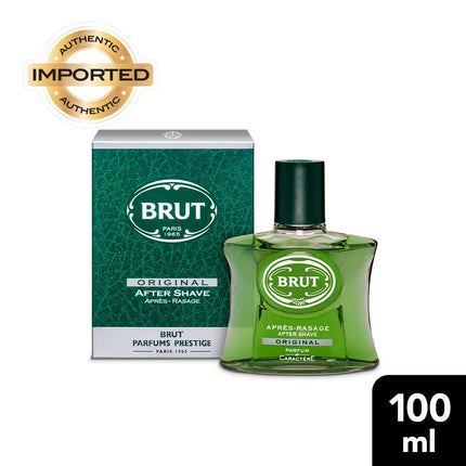 Brut after shave bottle and packaging on a white background
