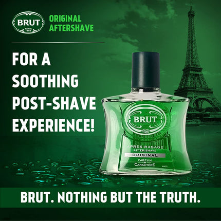 Brut aftershave bottle with Eiffel Tower in the background on a green background