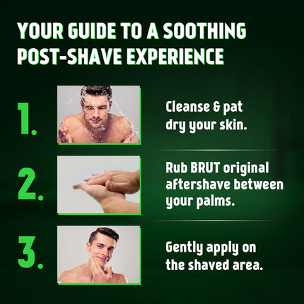 Instructions for a soothing post-shave experience with Brut Original After Shave splash