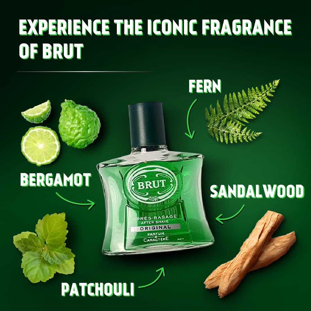 Brut aftershave bottle with ingredients on a green background
