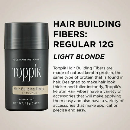 Toppik hair building fibers packaging with product details on a beige background