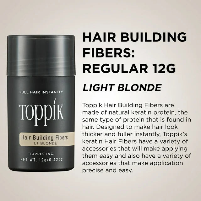 Toppik hair building fibers packaging with product details on a beige background