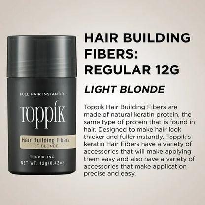 Toppik hair building fibers packaging with product details on a beige background