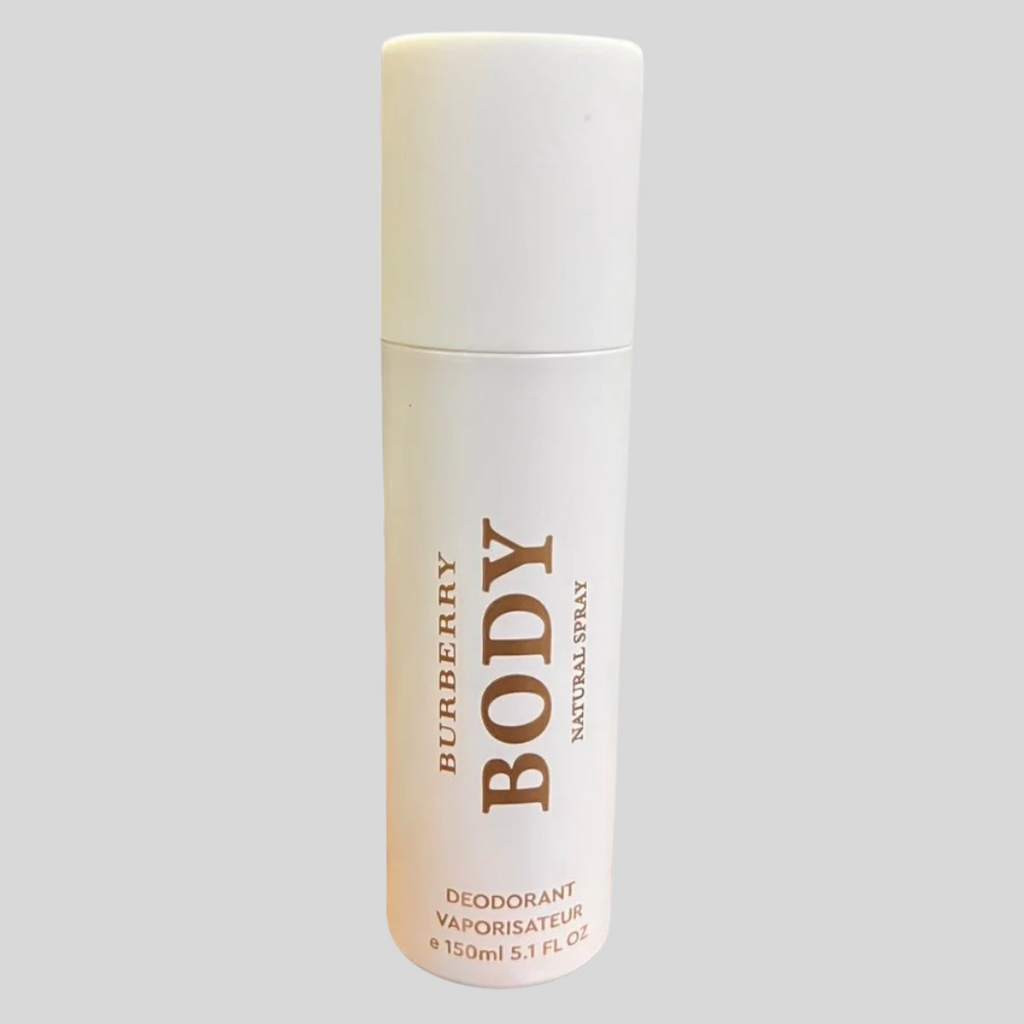 Burberry Body deodorant spray bottle on a light gray background