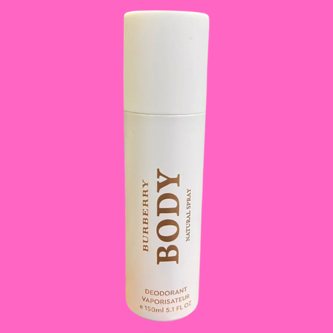 Bottle of Burberry Body deodorant on a pink background