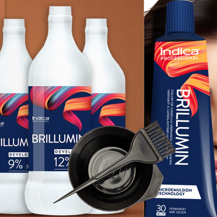 Indica Professional Brillumin hair color with Dev, bowl & brush.