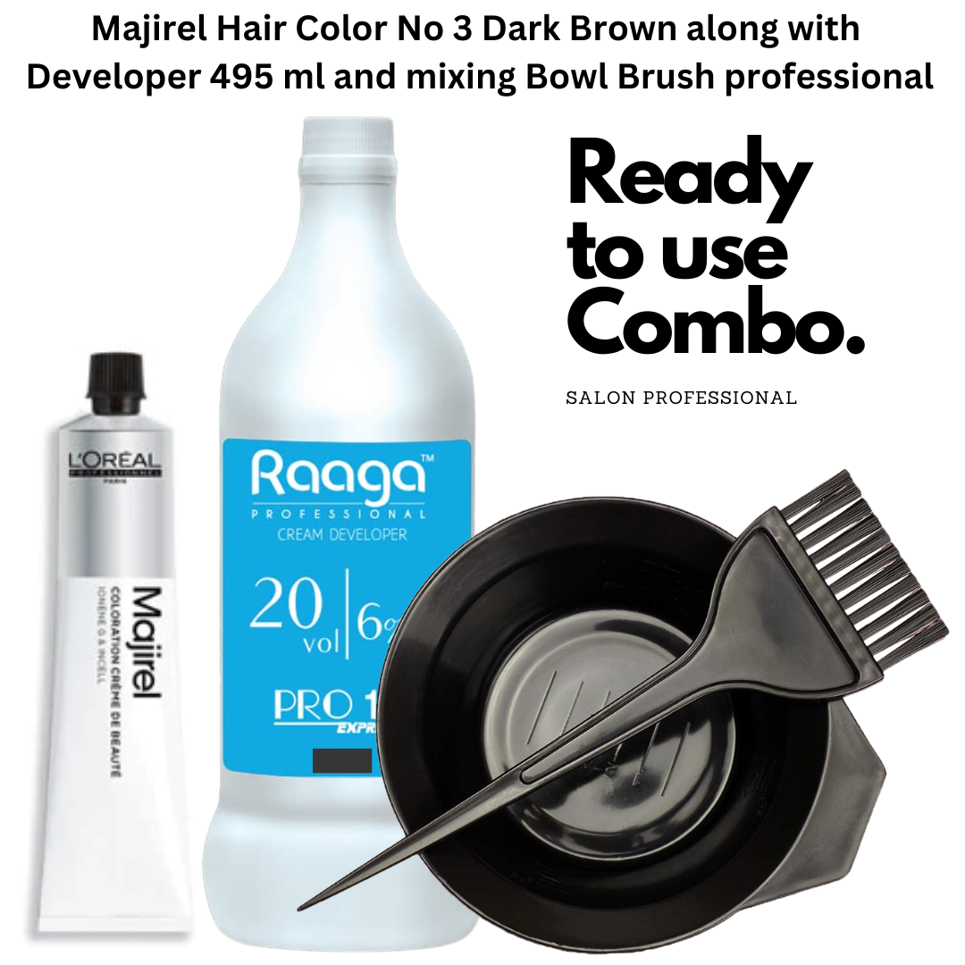 Majirel Hair Color No 3 Dark Brown along with Developer and mixing Bowl Brush professional