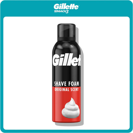 Gillette Shave Foam can with black and red design on a white background