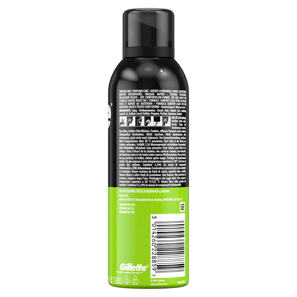 Back view of a Gillette Rasierschaum Shaving Foam Lime 200ml with text and branding.