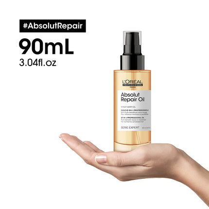 L’Oréal Professionnel Absolut Repair Oil 10-in-1 Multi-benefit Leave-In Hair Serum with Wheat Germ Oil for Dry & Damaged Hair, Serie Expert, 90ml
