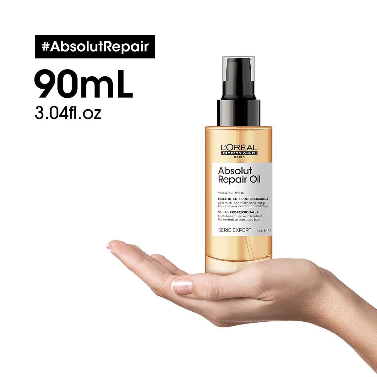 L’Oréal Professionnel Absolut Repair Oil 10-in-1 Multi-benefit Leave-In Hair Serum with Wheat Germ Oil for Dry & Damaged Hair, Serie Expert, 90ml