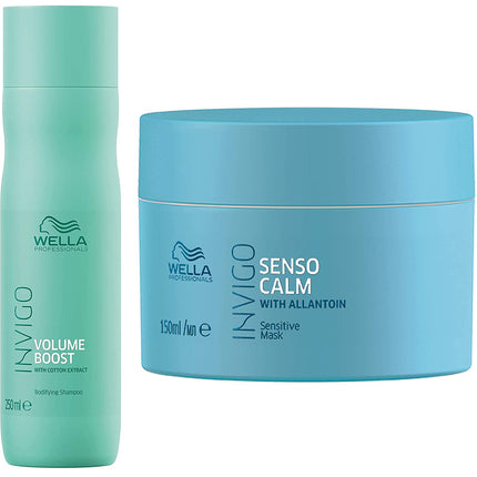 Champú voluminizador Wella Professionals Invigo Volume Boost, 250 ml + Mascarilla para cabello sensible Wella Professionals Invigo Balance Senso Calm, 150 ml